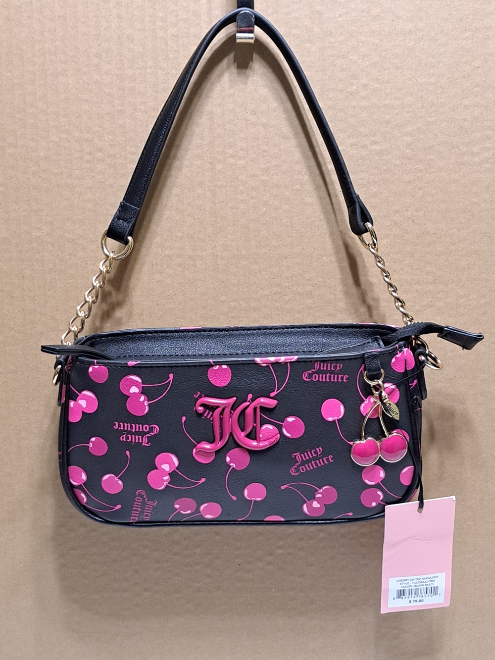 Juicy Couture "Cherry On Top" Black Shoulder Bag with Pink Cherry Print NWT